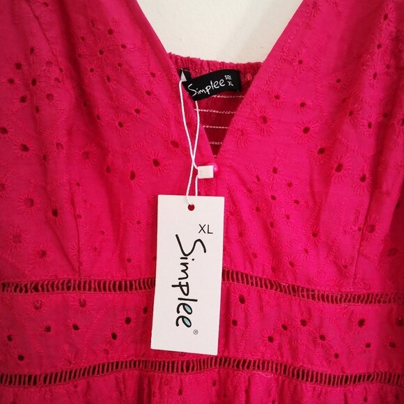 Simplee 100% Cotton Eyelet Spaghetti Strap Smocked Back Tiered Maxi Dress Pink - Picture 4 of 8